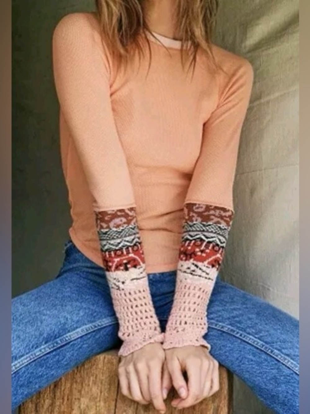 Free People In The Mix Cuff Thermal Top Small Waffle Knit Mixed Pattern Boho